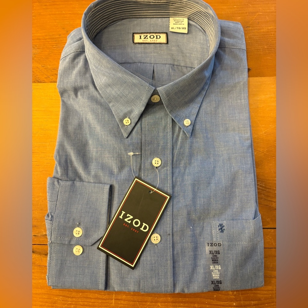 NWT IZOD Men’s Long Sleeved Dress Shirt XL BLUE 100% Cotton Poplin Vintage